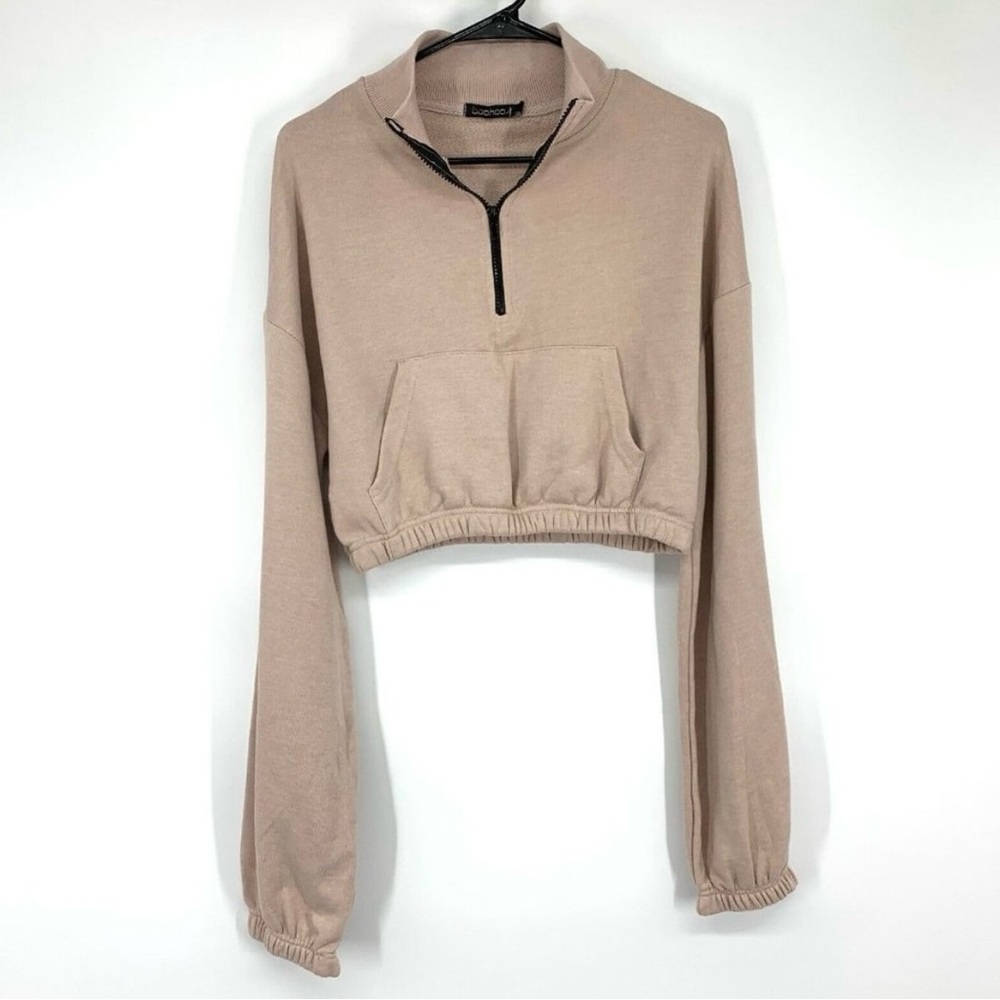 Boohoo Sweater Pink Cropped Pullover Half Zip Long Sleeve